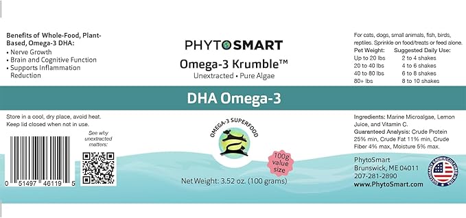 Omega-3 Krumble DHA for Pets, in 100 Gram Shaker Top Jar. Pure Un-extracted Marine Micro-Algae Provides Pets Complete Whole Food derived Essential Fatty Acids for Total Body Support.