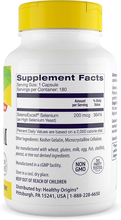 Healthy Origins Selenium 200 mcg (Seleno Excell, Fermented, Non-GMO, Gluten Free, Bladder Support, Immune Function, Cellular Support), 180 Capsules