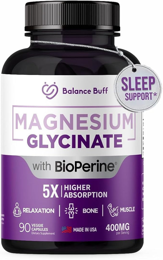 Magnesium Glycinate 400mg with Bioperine - 5X Higher Absorption - Support Stress Relief, Sleep, Bone Health - 100% Chelated - Pure Magnesium Supplement - 90 Veggie Capsules