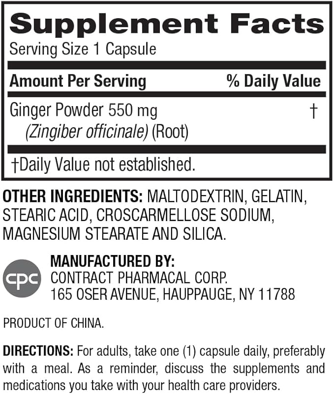 Earth's Splendor Ginger Root 550 mg Dietary Supplement for Men & Women, Supports Digestive Health, No Artificial Color or Preservatives (550 mg, 100 Capsules)