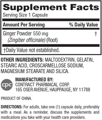 Earth's Splendor Ginger Root 550 mg Dietary Supplement for Men & Women, Supports Digestive Health, No Artificial Color or Preservatives (550 mg, 100 Capsules)