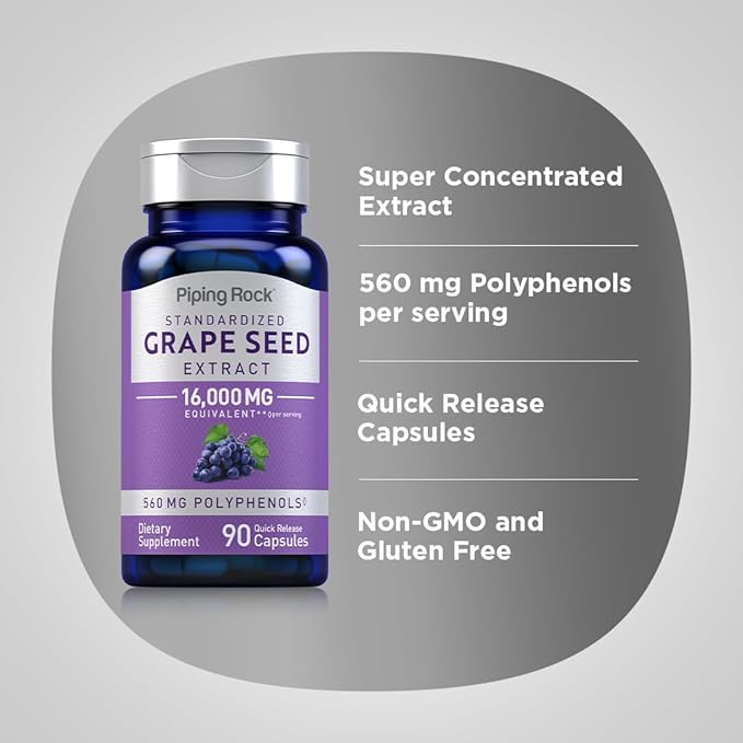 Piping Rock Grape Seed Extract Capsules | 16,000 mg | 90 Count | Standardized Supplements | Non-GMO, Gluten Free