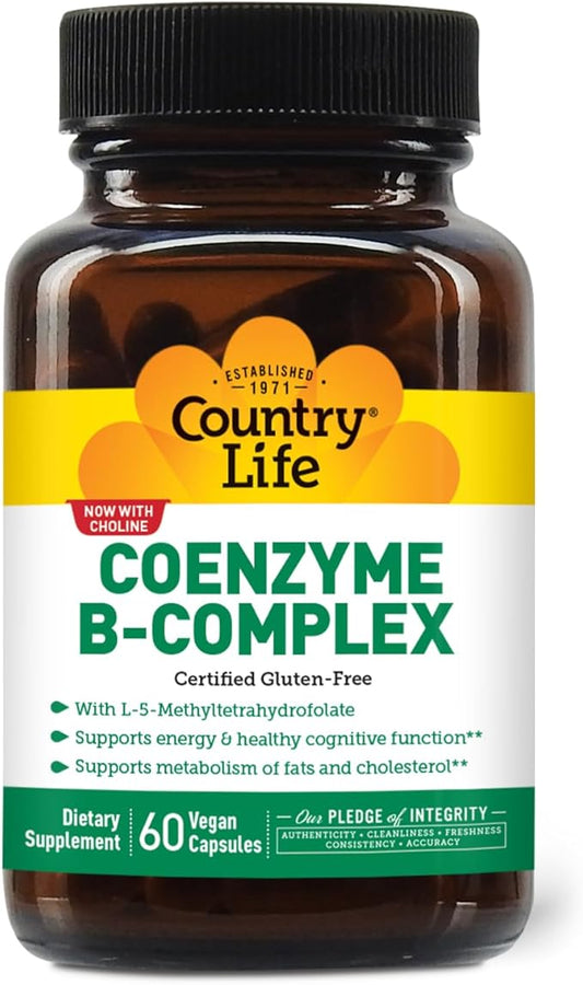 Country Life Coenzyme B-Complex, 60 Capsules – Supports Energy & Metabolism, Mood & Cognitive Function – Vegan, Gluten-Free, Bioavailable B Vitamins with Choline