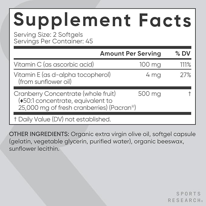 Sports Research Cranberry Fruit Complex Supplement - Softgels for Urinary Tract Health Support - Equal to 25,000mg of Cranberries, Made with Pacran & Vitamins C & E - Non-GMO & Gluten Free - 90 Count