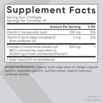 Sports Research Cranberry Fruit Complex Supplement - Softgels for Urinary Tract Health Support - Equal to 25,000mg of Cranberries, Made with Pacran & Vitamins C & E - Non-GMO & Gluten Free - 90 Count