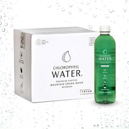 Chlorophyll Water Purified Mountain Spring Water w/Liquid Chlorophyll & Vitamins A, B12, C, D | Plant Based | Antioxidants, Detox Water, Energy Boost, Immune Support 12pk