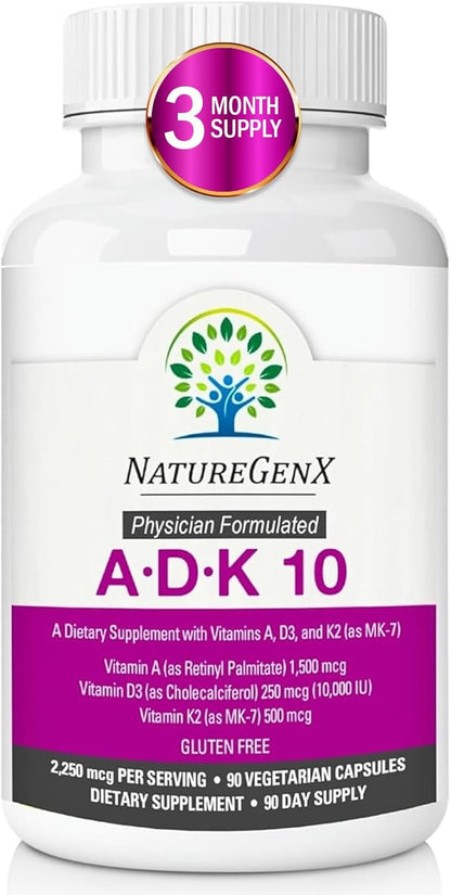 ADK 10 Supplement - Potent A, K2 & D3 Vitamin Supplement 10000 IU for Bone, Heart & Immune Support - 90 Count Easy-to-Swallow Vitamin ADK Supplement Capsules (3 Month Supply)