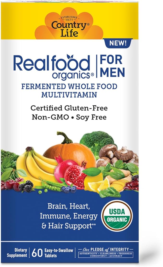 Country Life RealFood Organics for Men – 60 Tablets | 1,300mg Organic Fermented Whole Foods, 7-Mushroom Superfood & Aloe – Certified Gluten-Free, Vegan & USDA Organic Multivitamin
