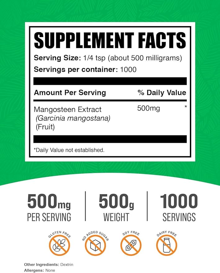 BulkSupplements.com Mangosteen Extract Powder - Superfood Supplement, from Mangosteen Fruit, Mangosteen Powder - Gluten Free, 500mg per Serving, 500g (1.1 lbs) (Pack of 1)