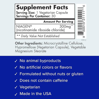 TRU NIAGEN Patented NAD+ Supplement for Anti Aging and Cell Regeneration, 300 mg Niagen, 30 Servings | Supports Cellular Energy, Brain, Muscle | Nicotinamide Riboside (NR) Take 1 Daily | 1 Bottle