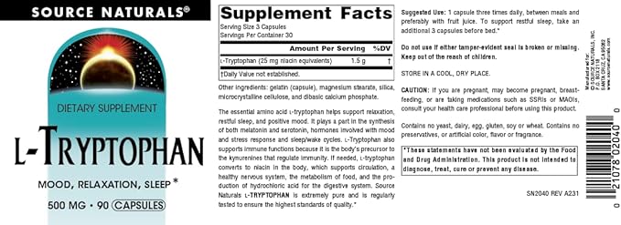 Source Naturals L-Tryptophan, for Mood, Relaxation, and Sleep*, 500mg - 90 Capsules