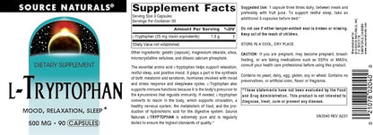 Source Naturals L-Tryptophan, for Mood, Relaxation, and Sleep*, 500mg - 90 Capsules