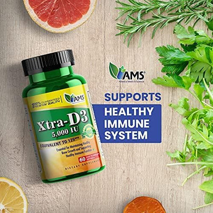 America Medic & Science Xtra D3 Vitamin D 5,000 IU (125 mcg) Cholecalciferol Supplement for Men & Women (60 Easy to Swallow Softgels) Best for Bone, Heart Health, Immune System Support, Lung Function