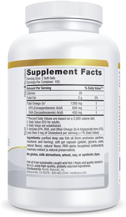 Nordic Naturals ProOmega, Lemon Flavor - 210 Soft Gels - 1000 mg Omega-3 - High-Potency Fish Oil with EPA & DHA - Promotes Brain, Eye, Heart, & Immune Health - Non-GMO - 105 Servings