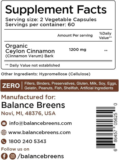 Balancebreens Certified Organic Ceylon Cinnamon 1200mg Supplement - 120 Veg Capsules - Heart, Brain and Joint Function Support - No Filler Pills (Pack of 6)