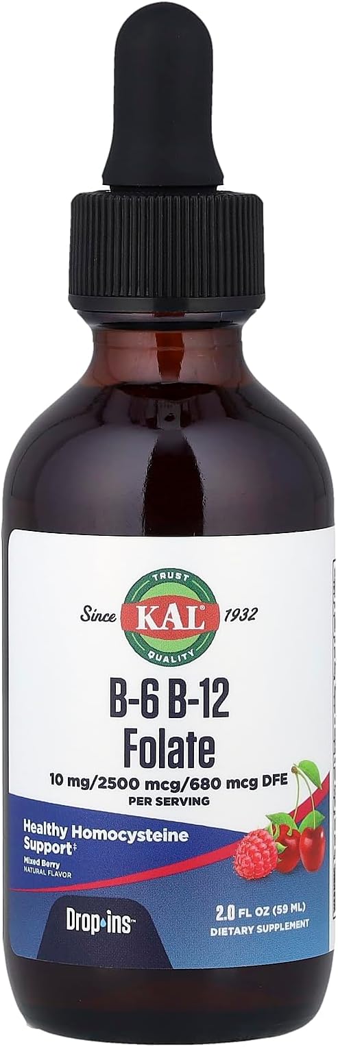 KAL Vitamin B-6 B-12 Folic Acid DropIns, Liquid Vitamin B Supplement Drops, Heart Health, Energy, Red Blood Cell Support with Methyl B12 and Methyl Folate, Natural Mixed Berry Flavor, 59 Servings, 2oz