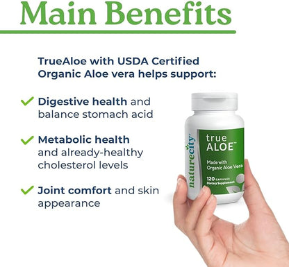 NatureCity True-Aloe 80,000mg Aloe Vera Gel Equivalent Per Serving – Made with Organic Aloe Vera (120 Capsules) Digestive, Skin and Joint Support | Small Easy-to-Swallow Pills