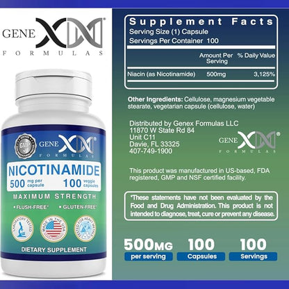 Genex Formulas - Nicotinamide 500mg Vitamin B3 Flush Free Niacin Capsules for Healthy Skin - Niacinamide Supplement Pills Help Produce Keratin & Support Skin Cell Health & Energy - (100 Capsules)