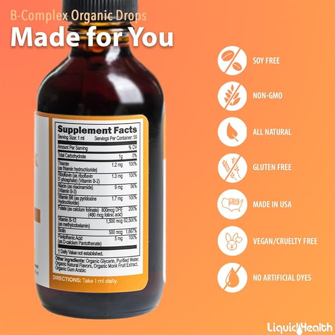LIQUIDHEALTH USDA Organic Vitamin B Complex Drops for Men & Women - Natural Energy, Improved Focus, Memory & Mood, Immune Support, Metabolism Boost - USA Made, Extra Strength, Sugar Free, Vegan (2 oz)