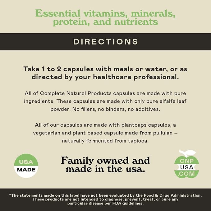 Complete Natural Products Pure Alfalfa Leaf - 100 Capsules - 630mg of Pure Dried Organic Alfalfa Leaf Powder in Veggie Capsules