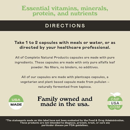 Complete Natural Products Pure Alfalfa Leaf - 100 Capsules - 630mg of Pure Dried Organic Alfalfa Leaf Powder in Veggie Capsules