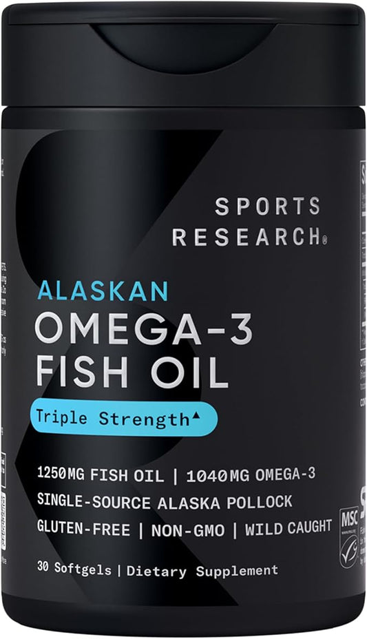 Sports Research Triple Strength Omega 3 Fish Oil Supplement - EPA & DHA Fatty Acids from Wild Alaskan Pollock - Heart, Brain & Immune Support for Adults, Men & Women - 1250 mg Capsules (30 ct)