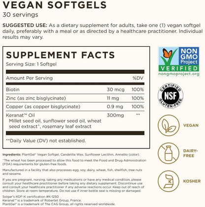 Solgar Hair Growth Age-Defying Nutrition For Men & Women—Thicker Fuller Hair Growth with Keranat Oil, Biotin, Zinc and Copper - One Softgel Daily, Vegan, Dairy, Soy and Gluten Free, 30 Servings