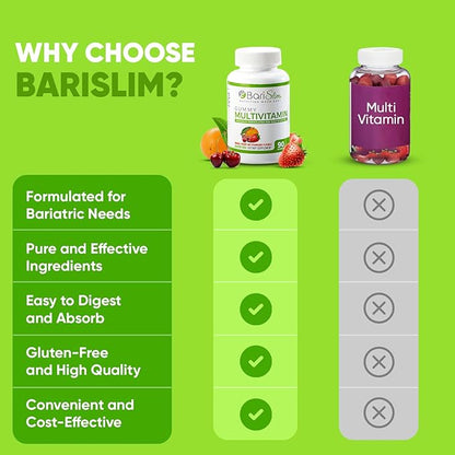 BariSlim Bariatric Multivitamin Gummies - Specially Formulated Gummy Vitamin for Patients After Weight Loss Surgery - Easy to Digest & Great Tasting Fruit Flavors | Pack of 2 (90 Fruit Chews)