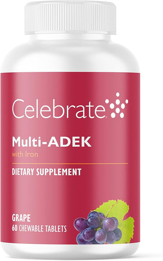 Celebrate Vitamins Multi ADEK Chewables, 60mg Iron - Daily Bariatric Multivitamin, Vitamins A, D, E, K & B12 for Duodenal Switch Surgery Patients - Grape (60 Tablets)