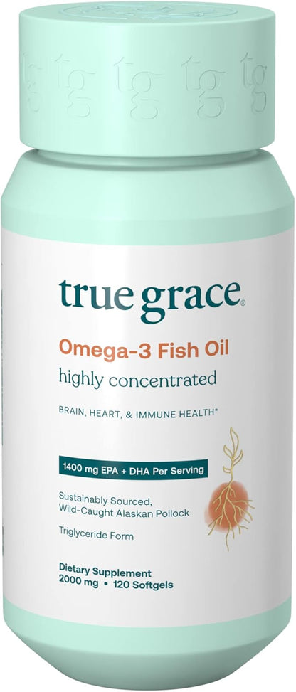 True Grace Omega-3 Fish Oil - 120 Softgels - 1400 mg EPA + DHA - Brain, Heart, Joint & Immune Health - Organic, Gluten Free, Soy Free