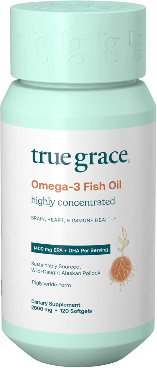 True Grace Omega-3 Fish Oil - 120 Softgels - 1400 mg EPA + DHA - Brain, Heart, Joint & Immune Health - Organic, Gluten Free, Soy Free