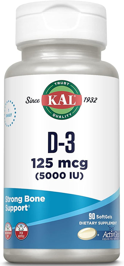 KAL Vitamin D3 5000 IU Softgels (125 mcg), Active Form of Vitamin D, Calcium Absorption, Bone Health, Immune Support Supplement, Liquid Filled ActivGels, Made Without Soy, 90 Servings, 90 Softgels