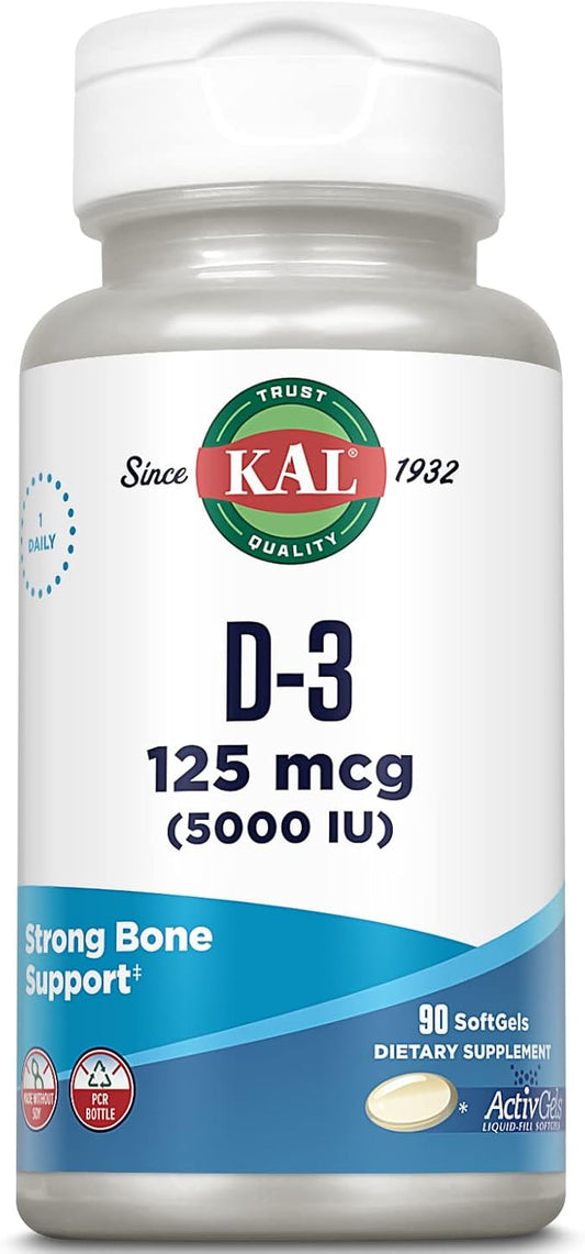 KAL Vitamin D3 5000 IU Softgels (125 mcg), Active Form of Vitamin D, Calcium Absorption, Bone Health, Immune Support Supplement, Liquid Filled ActivGels, Made Without Soy, 90 Servings, 90 Softgels