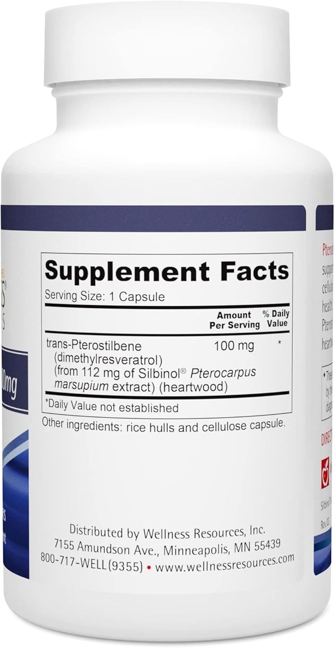 Wellness Resources Pterostilbene - Natural Source Silbinol Trans-Pterostilbene for Healthy Aging (100mg, 60 Veggie Capsules), Non-GMO, Vegan, Soy-Free