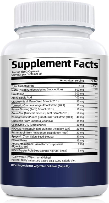NAD Supplement for Women Men with Urolithin A, Resveratrol, PQQ, Alpha Lipoic Acid, Quercetin | NAD+ Supplement for Anti Aging, Energy, Antioxidant, Metabolism Support, 120 Capsules
