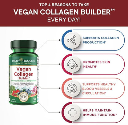 Purity Products Vegan Collagen Builder - Organic Whole Foods Fruits + Veg, Silica, Lutein, Vitamin C, Biotin, Grape Seed - Amino Acids Glycine, Lysine + Proline Collagen Boosters - 30 Tablets