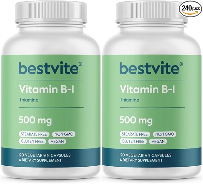 BESTVITE Vitamin B-1 (Thiamin) 500mg (240 Vegetarian Capsules) (2 x120) - No Stearates - Vegan - No Calcium Carbonate - Non GMO - Gluten Free - No Silicon Dioxide