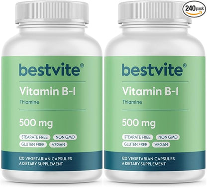BESTVITE Vitamin B-1 (Thiamin) 500mg (240 Vegetarian Capsules) (2 x120) - No Stearates - Vegan - No Calcium Carbonate - Non GMO - Gluten Free - No Silicon Dioxide