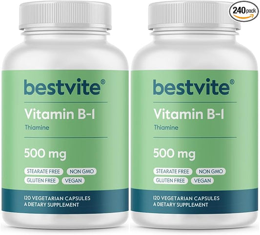 BESTVITE Vitamin B-1 (Thiamin) 500mg (240 Vegetarian Capsules) (2 x120) - No Stearates - Vegan - No Calcium Carbonate - Non GMO - Gluten Free - No Silicon Dioxide