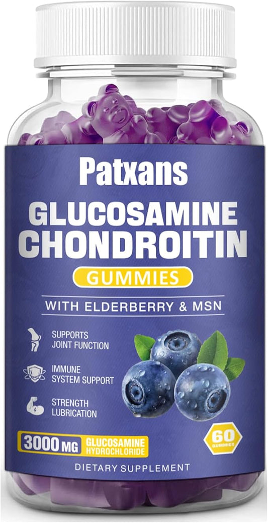 1 Pack 3000MG Glucosamine Chondroitin Gummies - Extra Strength Joint Health & MSM Elderberry Natural Joint Support Supplement, Flexibility, Antioxidant Immune Support for Adults, 60 Gummies.