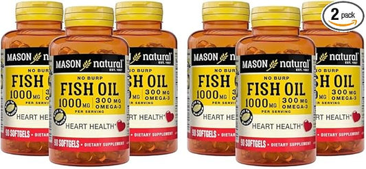 MASON NATURAL No Burp Fish Oil 1000 mg Omega-3 300 mg - Healthy Heart, Supports Circulatory Function, Improved Cardiovascular Health, 90 Softgels (Pack of 6)