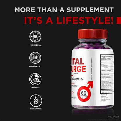 (Pack of 2 Vital Surge Testo Gummies, Premium ME Gummies Detox Easy to Chew, Supports Performance & Overall Well-Being, Official Gomitas Reviews (120 Gummies)