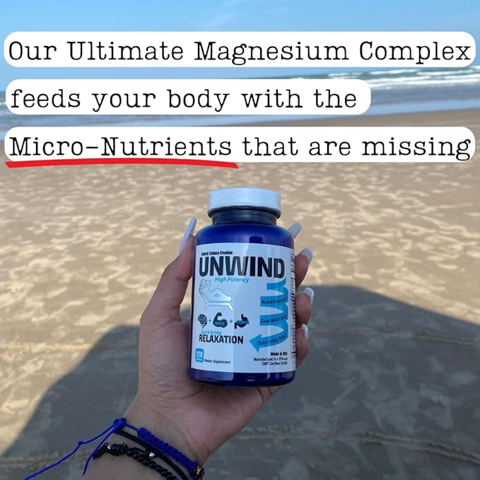 Unwind - Advanced Relaxation Supplement, Max Strength Elemental Magnesium, Lemon Balm, Primavie Shilajit, Ginger - 120 Capsules - Made in USA