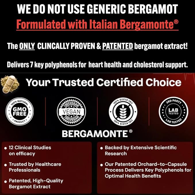 Bergamot Heart -1000mg Certified Bergamonte Citrus Bergamot - Cardiologist Developed & Clinically Proven - Highest Polyphenols - Supplement for High Cholesterol & Heart Health