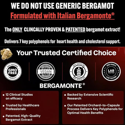Bergamot Heart -1000mg Certified Bergamonte Citrus Bergamot - Cardiologist Developed & Clinically Proven - Highest Polyphenols - Supplement for High Cholesterol & Heart Health