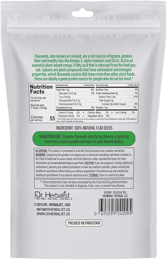 Dr. HERBALIST Flax Seeds 400g,Linum Usitatissimum,Alsi Seeds,Super Food, Essential Omega Fatty Acids, High in Plant-Based Protein, and Fiber, for Smoothies, Baking, for Easy Digestion and Absorption