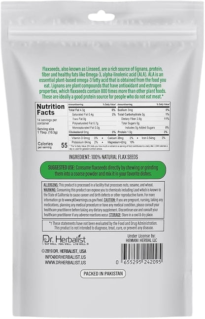Dr. HERBALIST Flax Seeds 400g,Linum Usitatissimum,Alsi Seeds,Super Food, Essential Omega Fatty Acids, High in Plant-Based Protein, and Fiber, for Smoothies, Baking, for Easy Digestion and Absorption