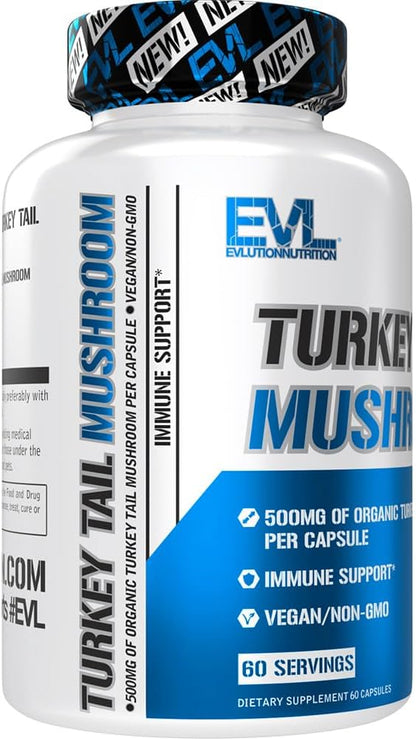 Evlution Nutrition Turkey Tail Mushroom - 500mg Organic Turkey Tail Mushroom per Capsule - Immune Support - Dietary Supplement - Vegan & Non-GMO - 60 Servings - 60 Capsules