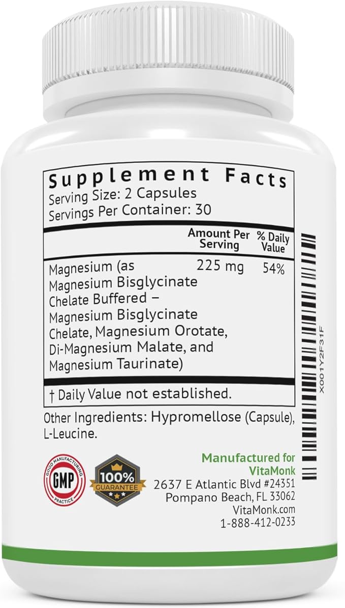 Quad Magnesium Blend by Vitamonk - with Magnesium Orotate, Glycinate Chelate, Magnesium Taurate and Di- Magnesium Malate - High Absorption Magnesium Complex for Sleep, Heart, and Mood