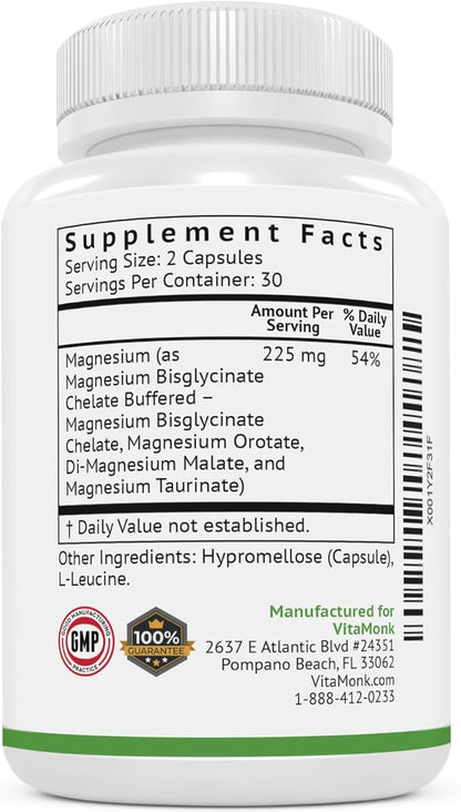 Quad Magnesium Blend by Vitamonk - with Magnesium Orotate, Glycinate Chelate, Magnesium Taurate and Di- Magnesium Malate - High Absorption Magnesium Complex for Sleep, Heart, and Mood